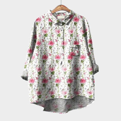 Effortless Floral Print Blouse for Women with Shirt Collar Long Sleeve Curved Hem Relaxed Style