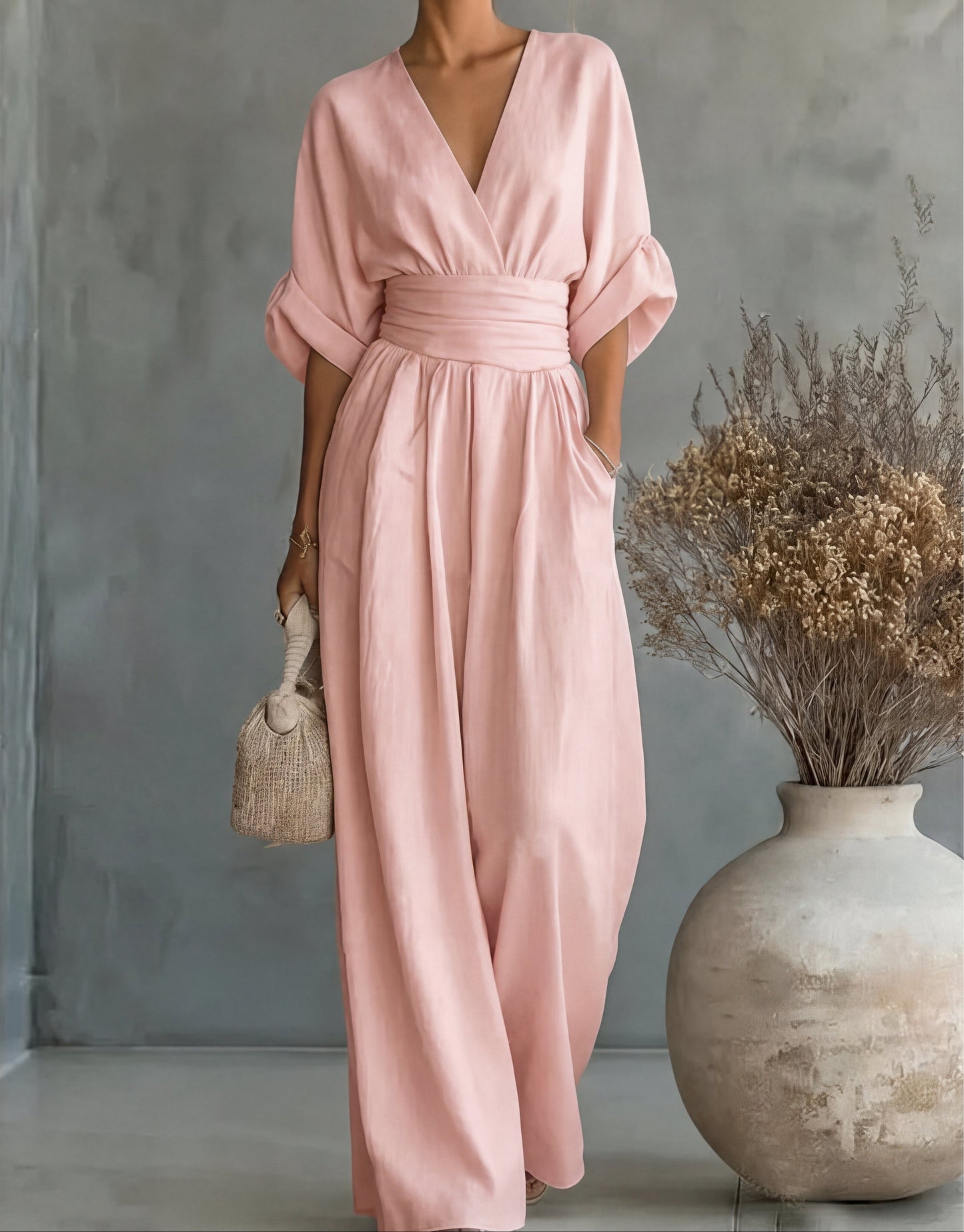 Comfortable Jumpsuit for Women with V Neck Wide Leg