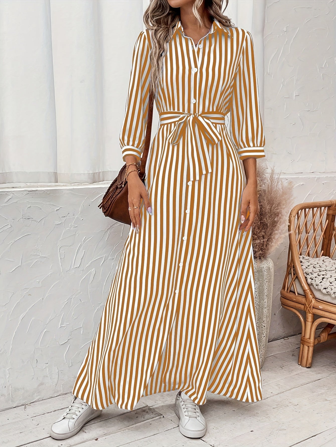 Effortless Striped Maxi Dress for Women with Collared Belted