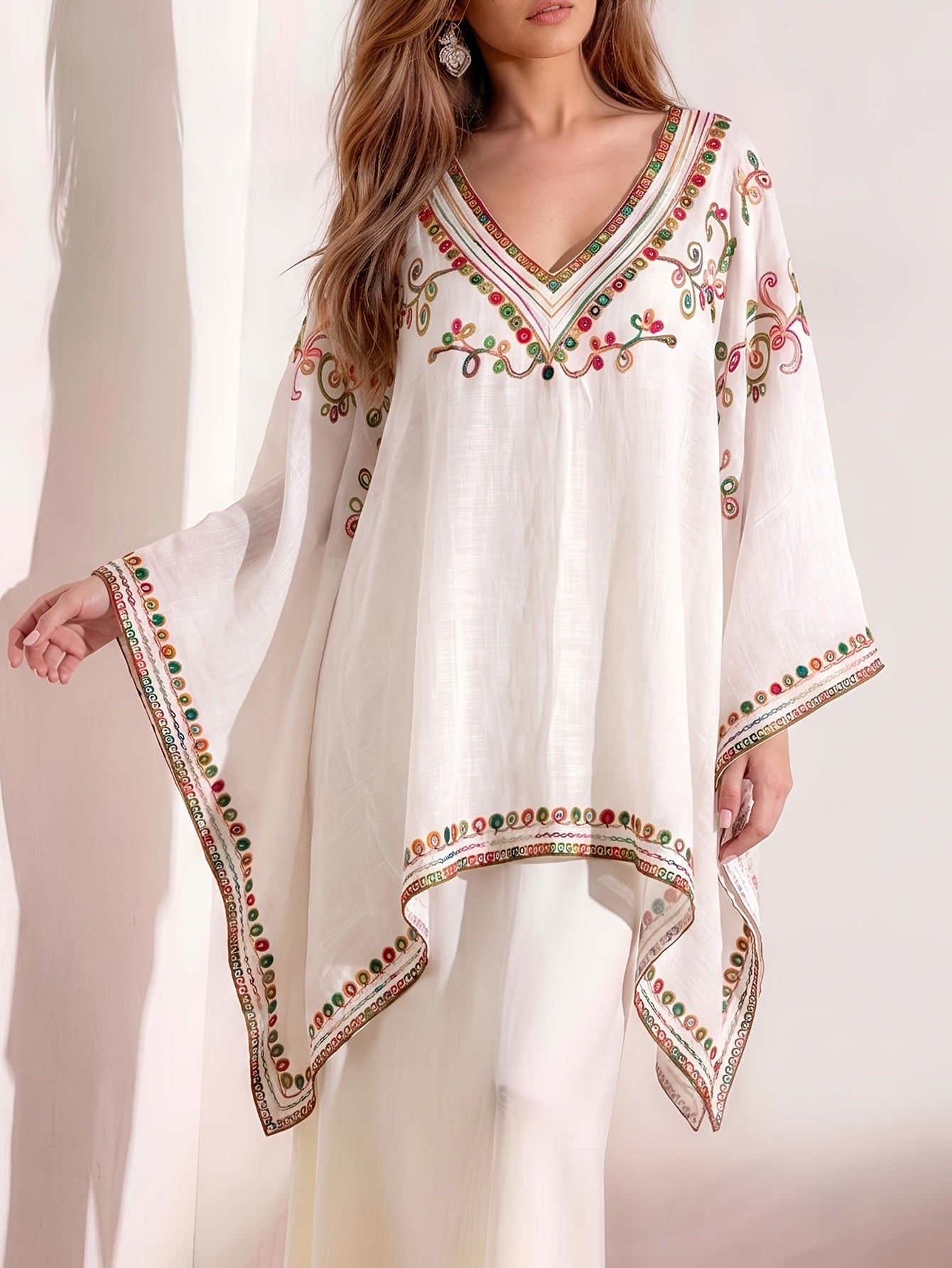 Effortless Poncho Shirts for Women with V-Neck Embroidered Trim Batwing Sleeve Style