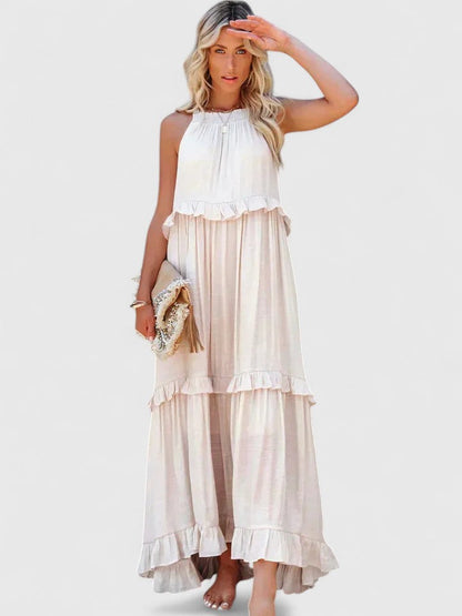 Effortless Ruffle Maxi Dresses for Women with Halter Neck Sleeveless Two Tone Casual Sundress Style