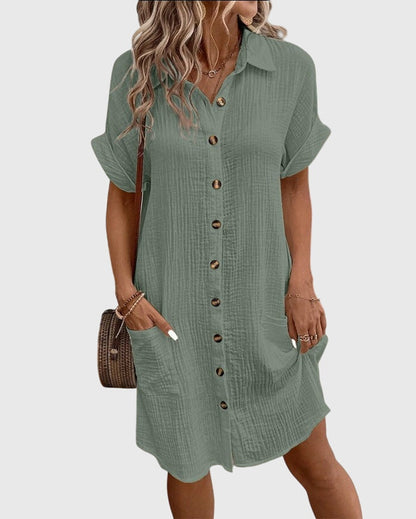 Comfortable Linen Shirt Dress for Women with Collared Button Down Short Sleeve Casual Mini Style