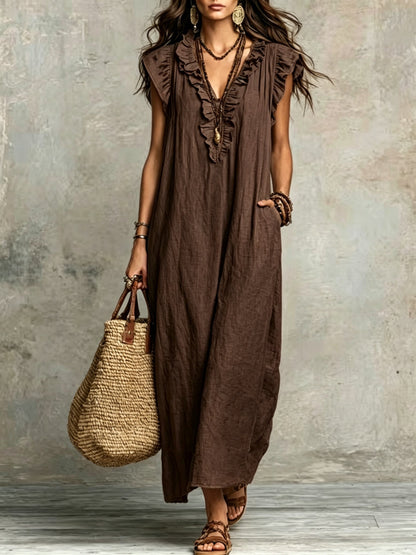 Effortless Maxi Dress for Women with V Neck Ruffled