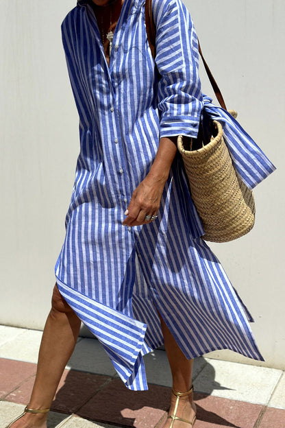 Effortless Striped Shirt Dress for Women with V Neck