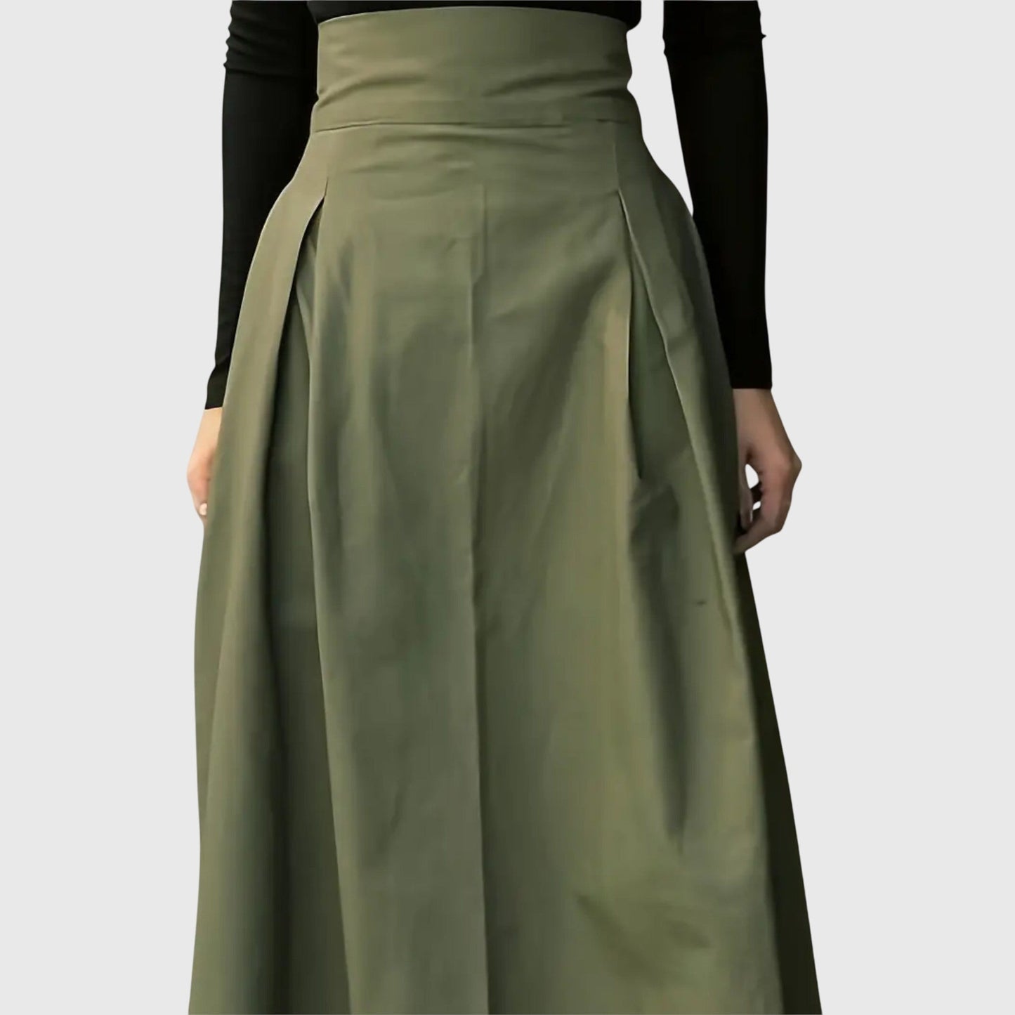 Elegant Olive Green Midi Skirt for Women with High Waist Pleated A-Line Tie Waist Business Casual Style