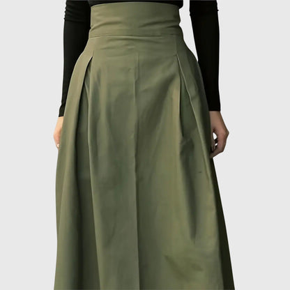 Elegant Olive Green Midi Skirt for Women with High Waist Pleated A-Line Tie Waist Business Casual Style