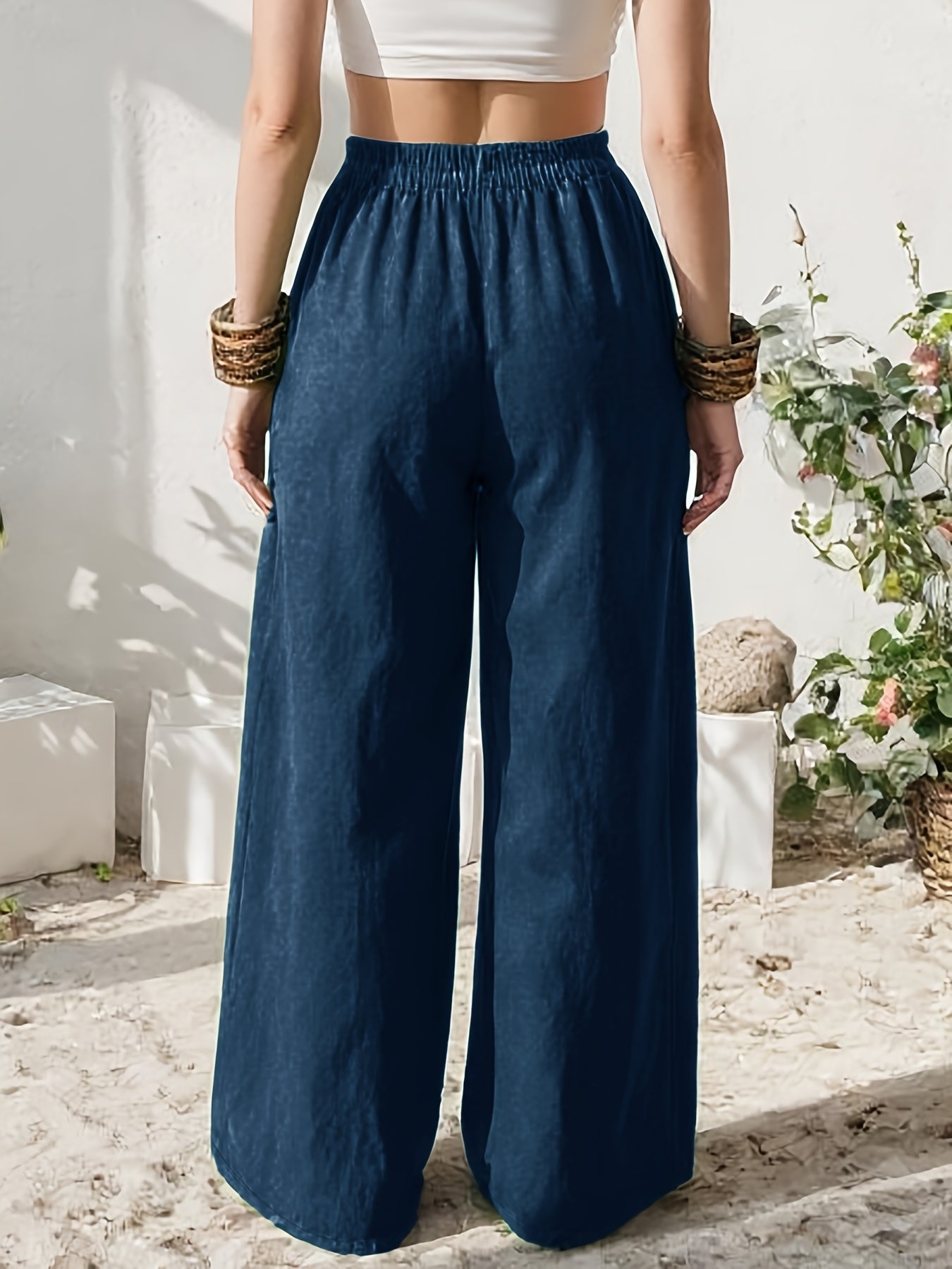 Stylish Wide Leg Linen Pants for Women with High Waist Relaxed Pocket Detail