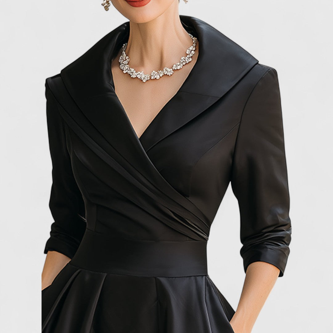 Elegant Satin Midi Dress for Women with Wrap V-Neck Three Quarter Sleeve Formal Wedding Guest Style