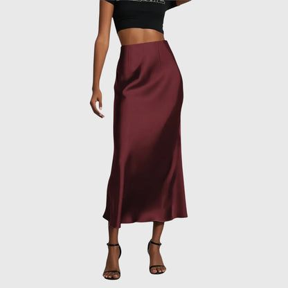 Elegant Satin Midi Skirt for Women with High Waist Fitted Slip Bias Cut Semi Formal Style