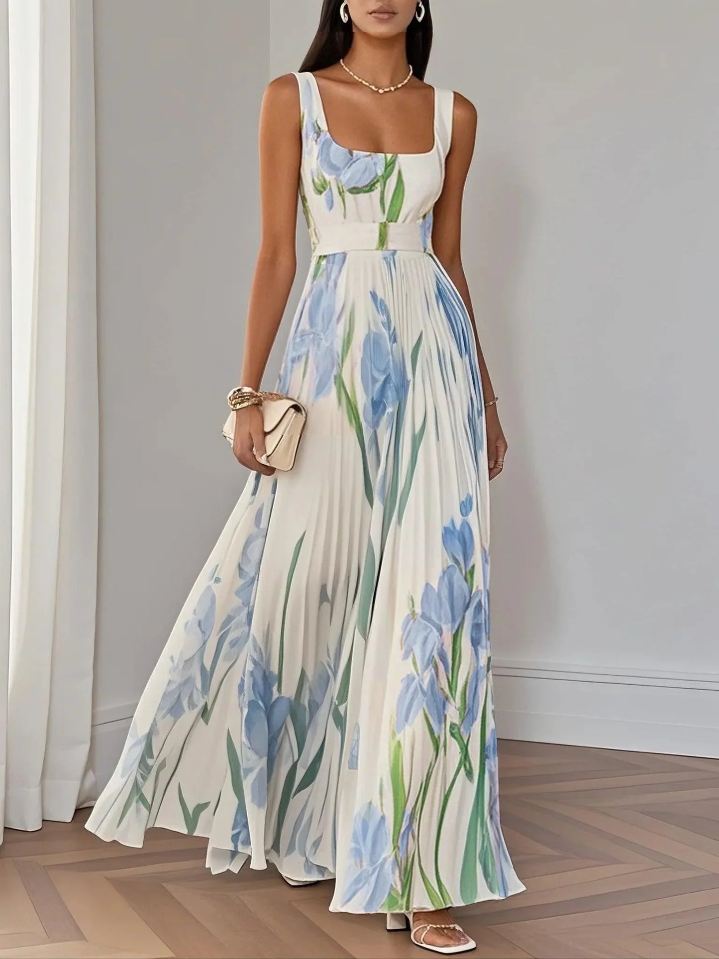 Elegant Floral Chiffon Maxi Dresses for Women with Square Neck Pleated A Line Formal Wedding Guest Style