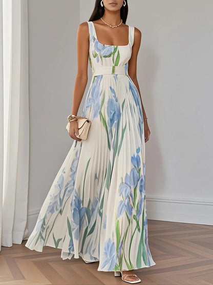Elegant Floral Chiffon Maxi Dresses for Women with Square Neck Pleated A Line Formal Wedding Guest Style