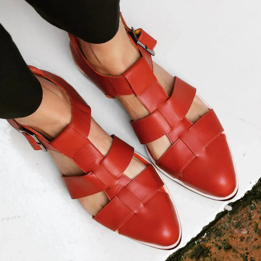 Stylish Leather Sandals for Women with Pointed Toe Woven Strap Ankle Buckle Flat Sole Casual Summer Style