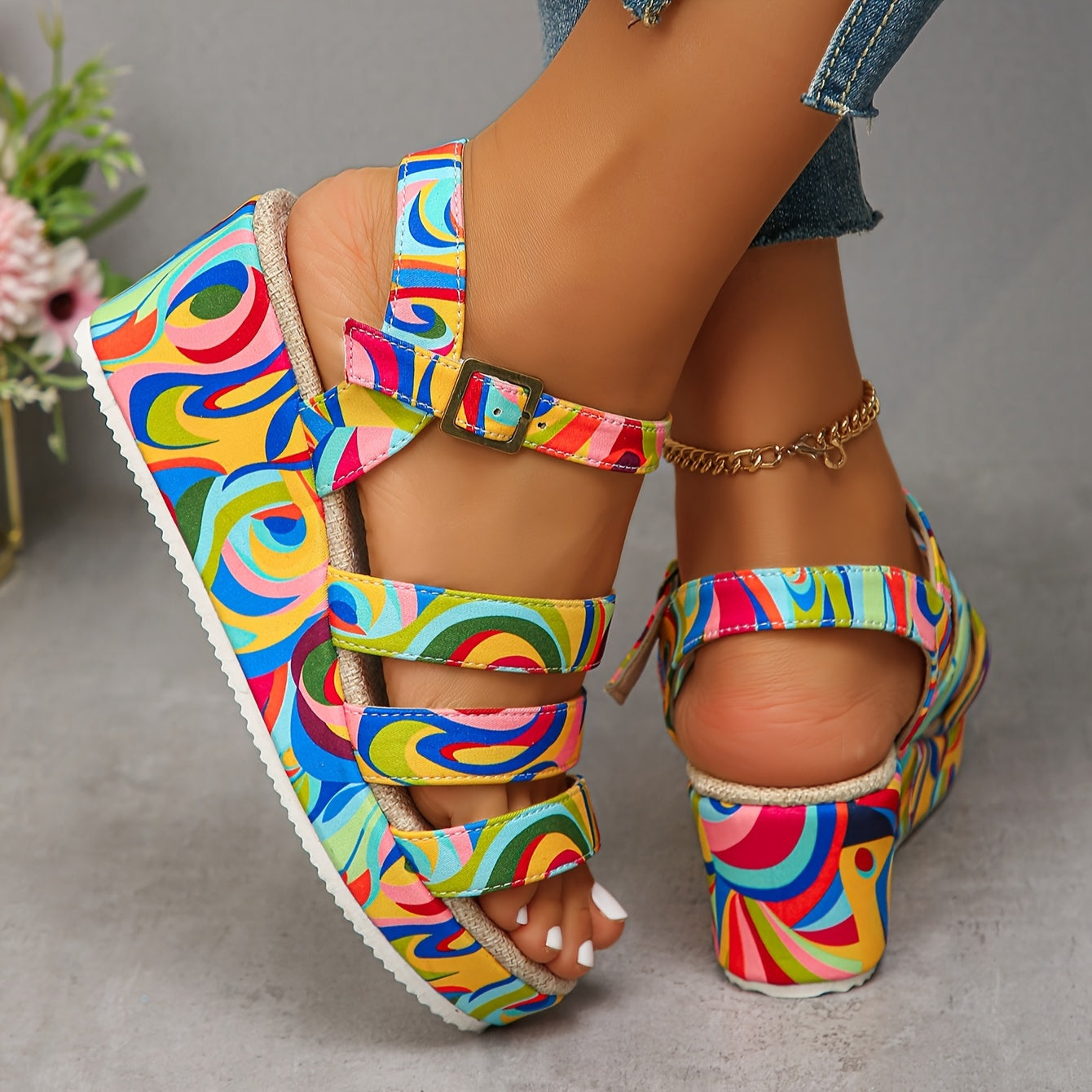Comfortable Multicolour Wedge Sandals for Women with Platform Strappy Ankle Strap Style