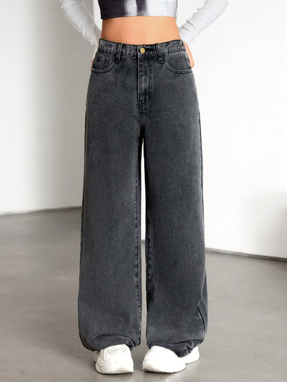Effortless Relaxed Grey Wide Leg Jeans for Women with High Waist Faded Wash Style