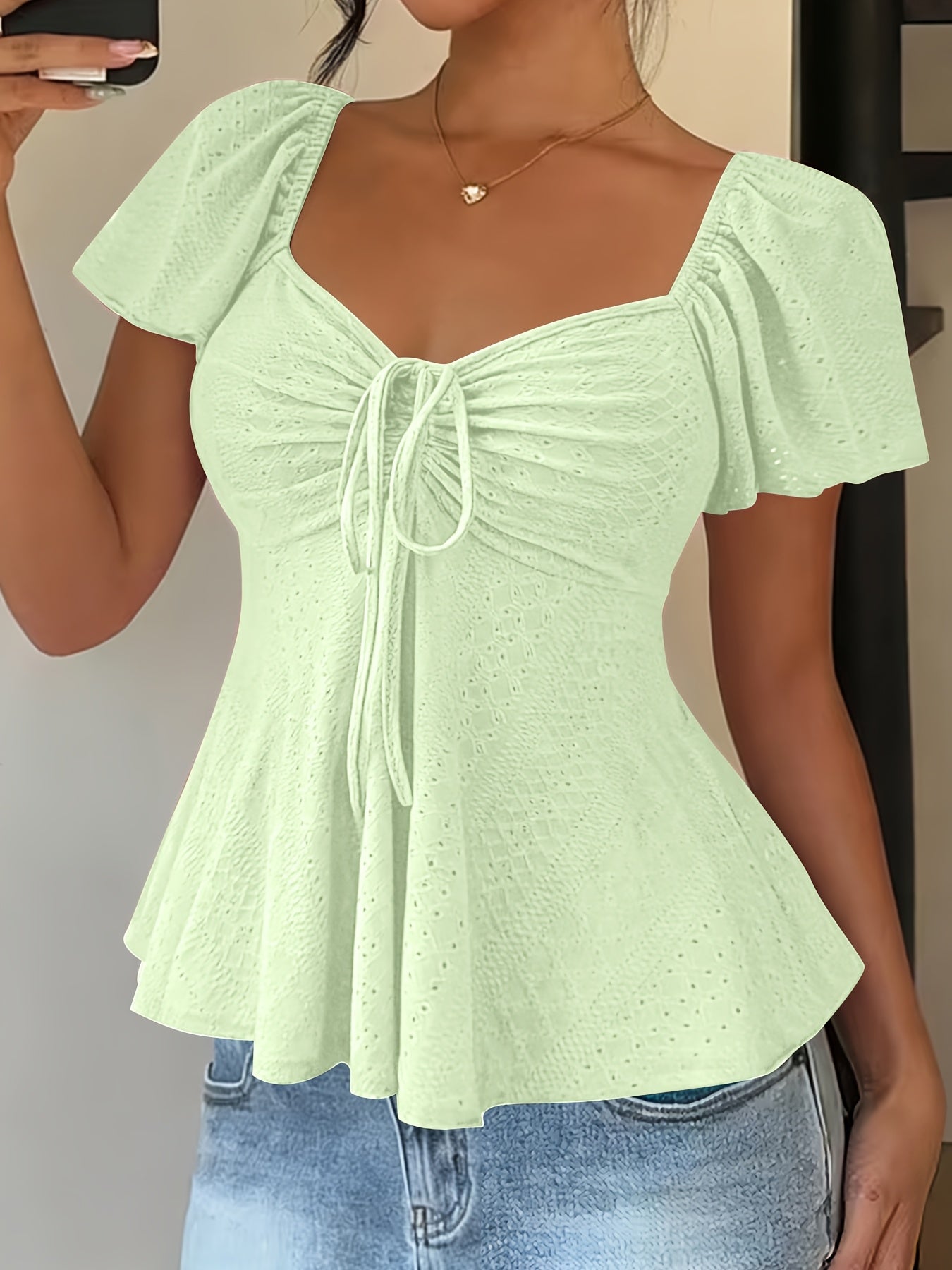 Effortless Blouse for Women with Sweetheart Neck Flutter Sleeve Peplum