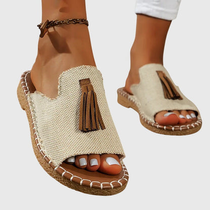 Comfortable Sandals for Women with Toe Ring Tassel Detail Ethnic Print Flat Sole Casual Flip Flop Style