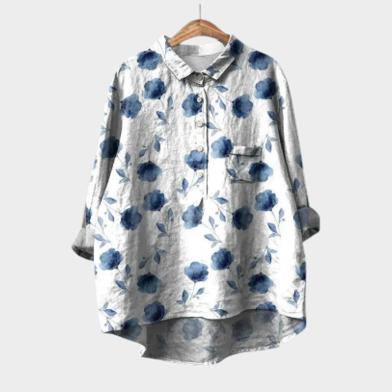 Effortless Floral Print Blouse for Women with Shirt Collar Long Sleeve Curved Hem Relaxed Style