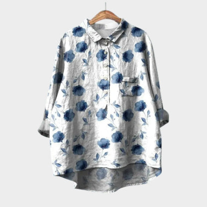 Effortless Floral Print Blouse for Women with Shirt Collar Long Sleeve Curved Hem Relaxed Style