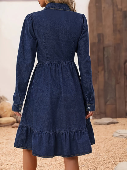Effortless Medium Blue Denim Shirt Dress for Women with Collar Ruffle Hem Style