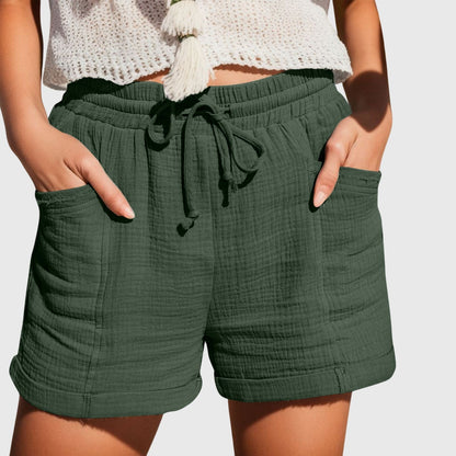 Effortless Cotton Shorts for Women with Drawstring Waist Cuffed Hem Deep Pocket Casual Style