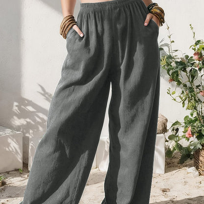 Stylish Wide Leg Linen Pants for Women with High Waist Relaxed Pocket Detail