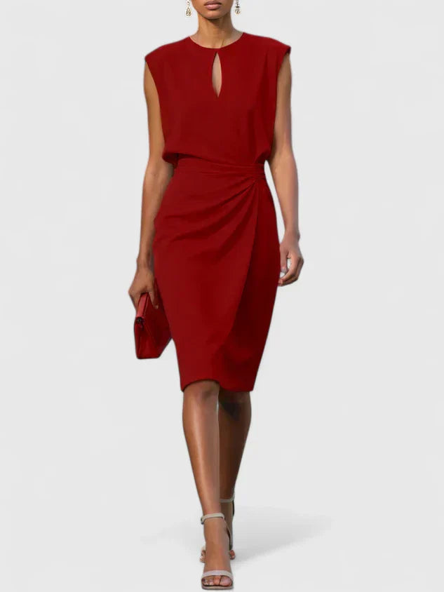 Elegant Sleeveless Midi Dress for Women with Keyhole Neck Ruched Waist Formal Style