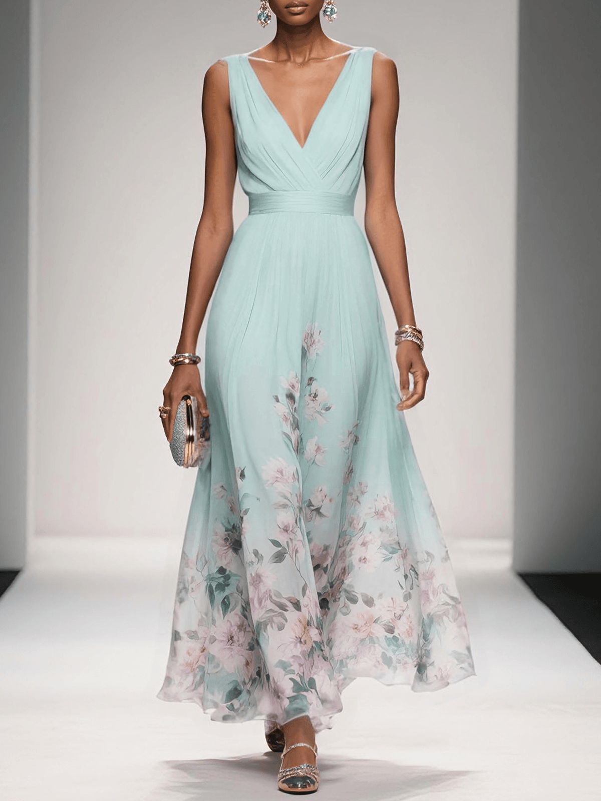 Elegant Floral Maxi Dress for Women with Deep V-Neck Sleeveless Formal Wedding Guest Style