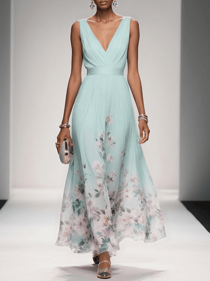 Elegant Floral Maxi Dress for Women with Deep V-Neck Sleeveless Formal Wedding Guest Style