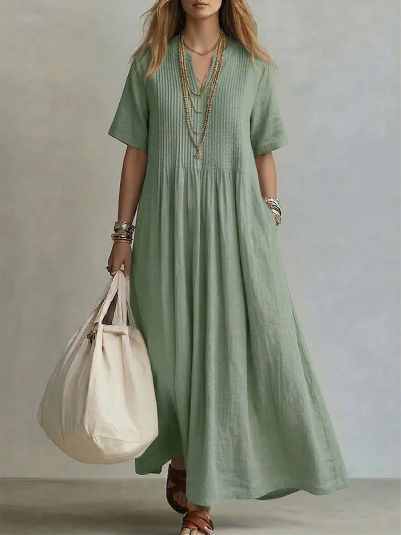 Stylish Maxi Dress for Women with V Neck Pleated