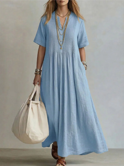 Stylish Maxi Dress for Women with V Neck Pleated