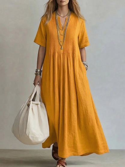 Stylish Maxi Dress for Women with V Neck Pleated
