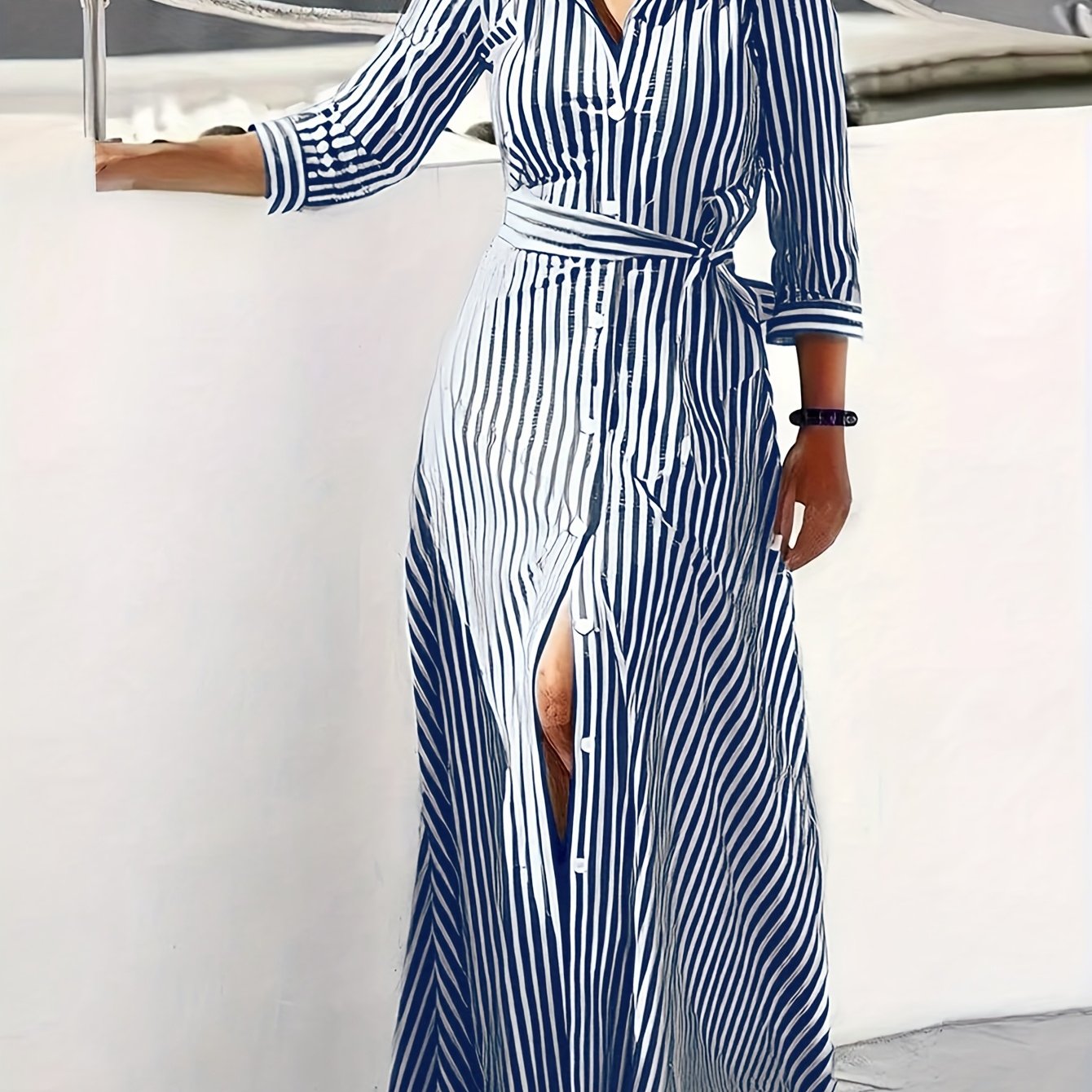 Effortless Striped Maxi Dress for Women with Collared Belted