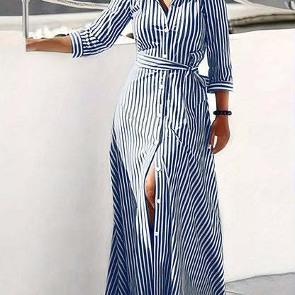 Effortless Striped Maxi Dress for Women with Collared Belted
