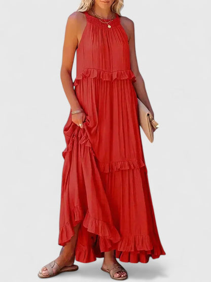 Effortless Ruffle Maxi Dresses for Women with Halter Neck Sleeveless Two Tone Casual Sundress Style