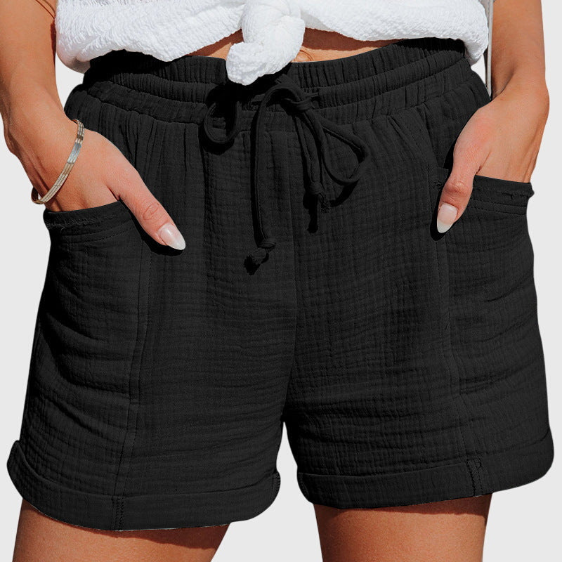 Effortless Cotton Shorts for Women with Drawstring Waist Cuffed Hem Deep Pocket Casual Style