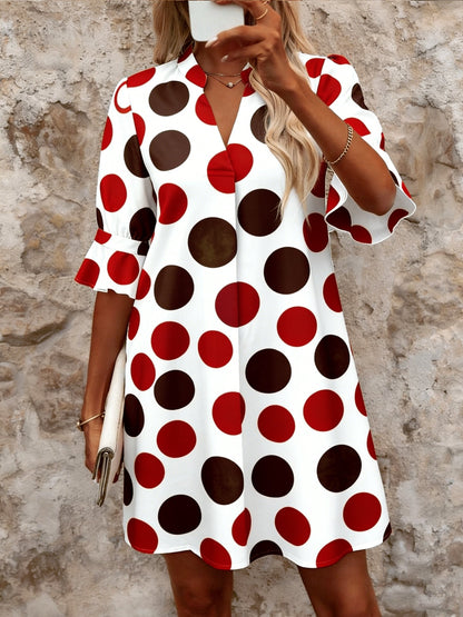 Effortless Polka Dot Mini Dress for Women with V Neck Flared Sleeve