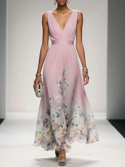Elegant Floral Maxi Dress for Women with Deep V-Neck Sleeveless Formal Wedding Guest Style