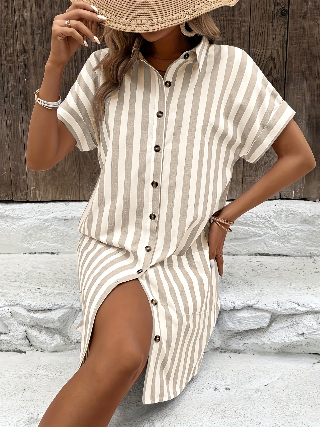 Effortless Striped Shirt Dress for Women with Short Sleeve Belted