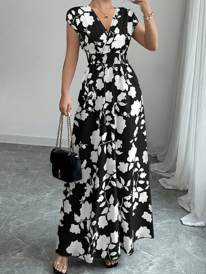 Elegant Floral Maxi Dress for Women with V Neck