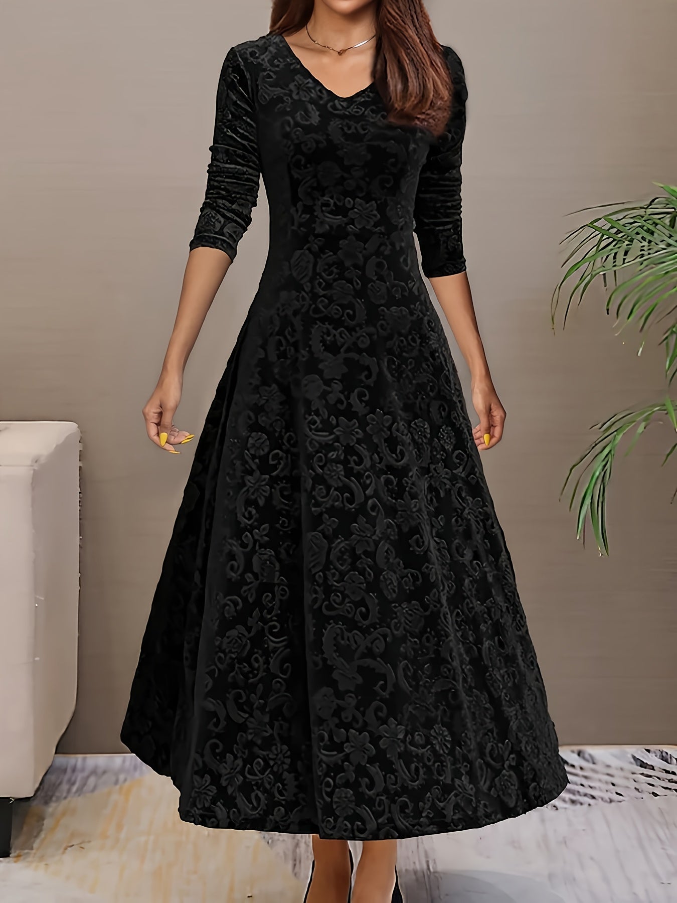 Effortless Midi Dress for Women with V Neck Long Sleeve