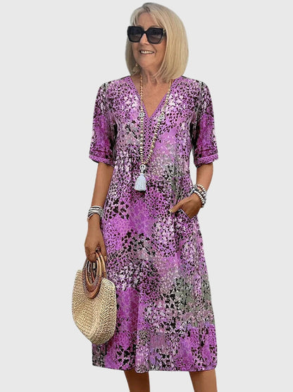 Effortless Boho Print Casual Maxi Dress for Women with V-Neck Half Sleeve Pocket Style
