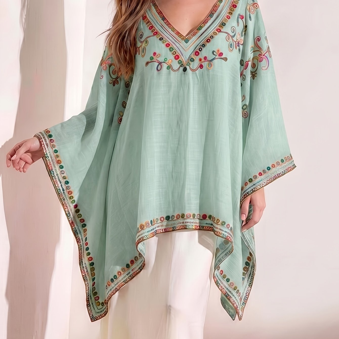 Effortless Poncho Shirts for Women with V-Neck Embroidered Trim Batwing Sleeve Style