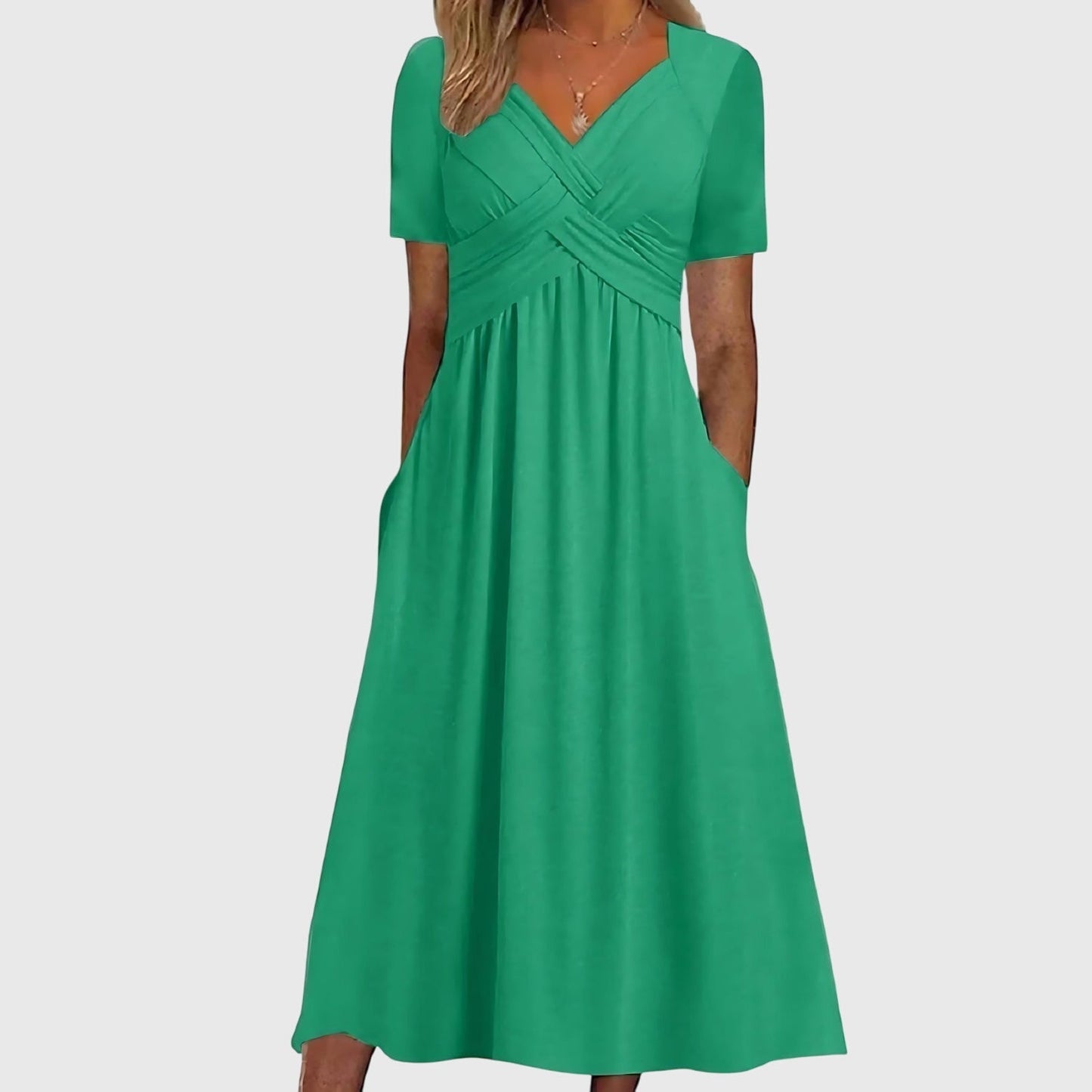 Effortless Wrap V-Neck Midi Dress for Women with Short Sleeve Pocket Casual Style