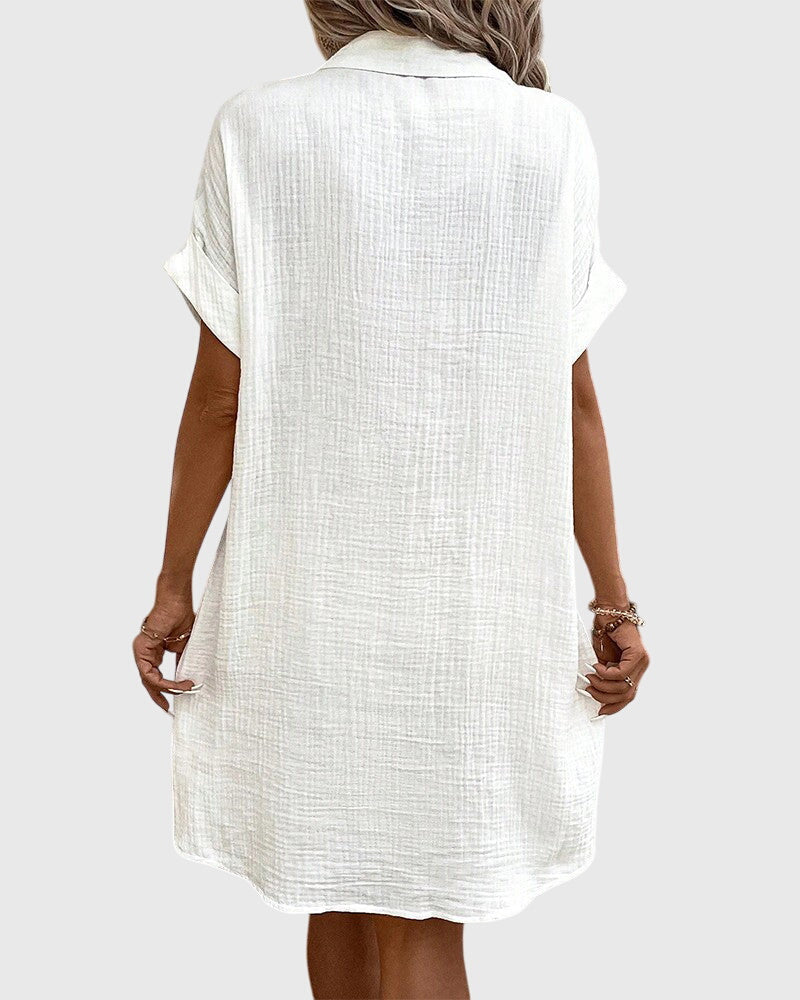 Comfortable Linen Shirt Dress for Women with Collared Button Down Short Sleeve Casual Mini Style