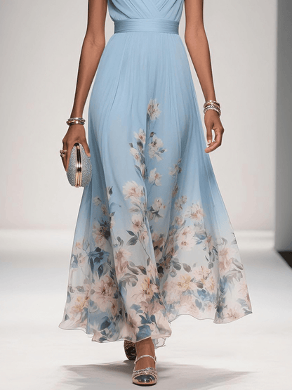 Elegant Floral Maxi Dress for Women with Deep V-Neck Sleeveless Formal Wedding Guest Style
