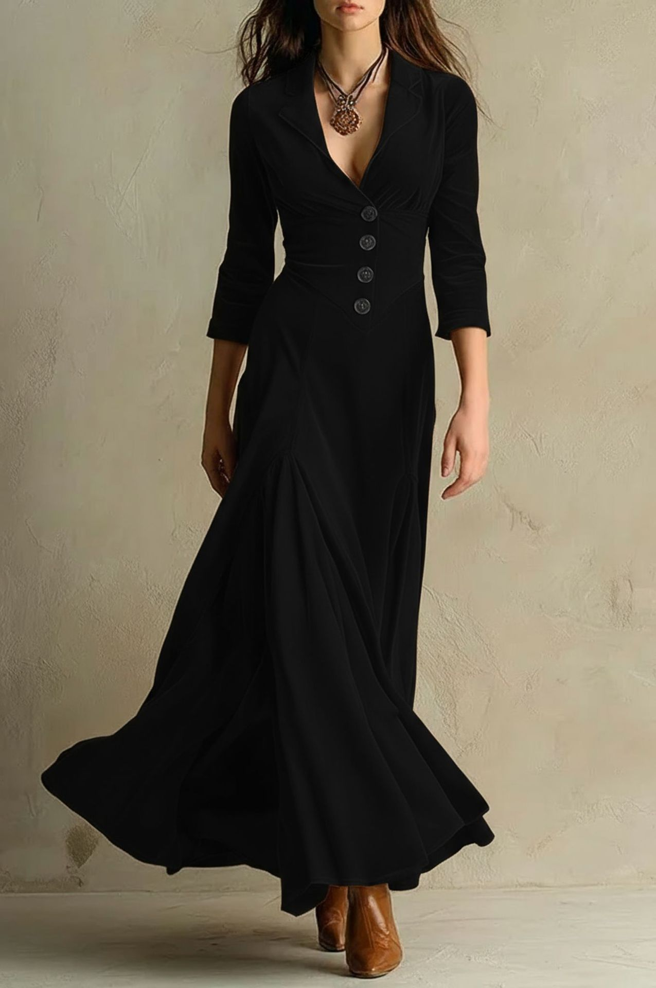 Elegant Long Dresses for Women with Suit Collar Elbow Sleeve Button Front Velvet Maxi Formal Style