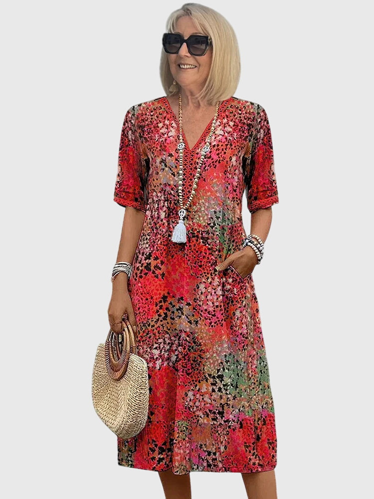 Effortless Boho Print Casual Maxi Dress for Women with V-Neck Half Sleeve Pocket Style