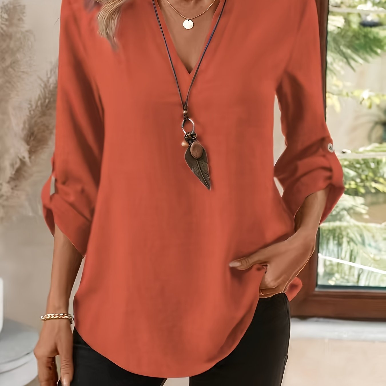 Elegant Blouse for Women with V Neck Roll Tab Sleeve