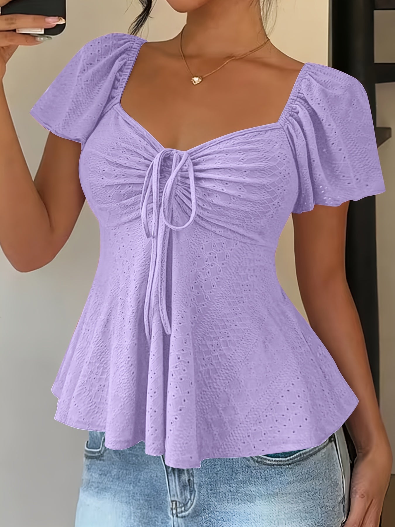Effortless Blouse for Women with Sweetheart Neck Flutter Sleeve Peplum