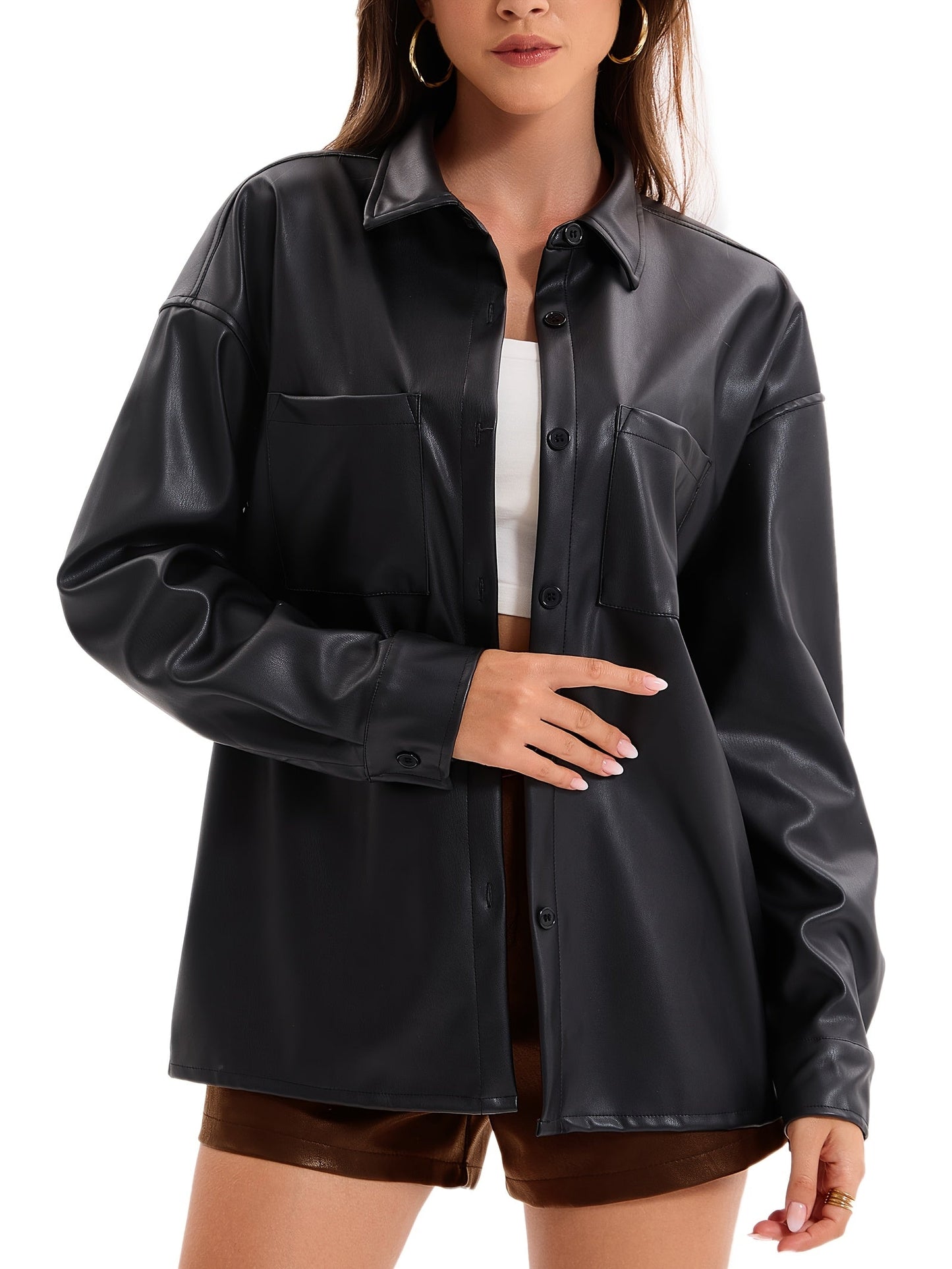 Effortless Leather Shirt Jacket for Women with Collar Button Front Relaxed Style